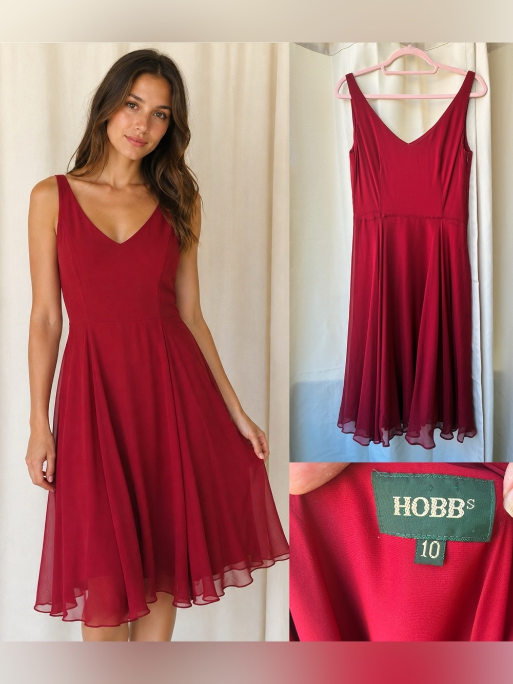Hobbs London 100% Silk V-Neck Sleeveless Knee Length Full Skirt Dress